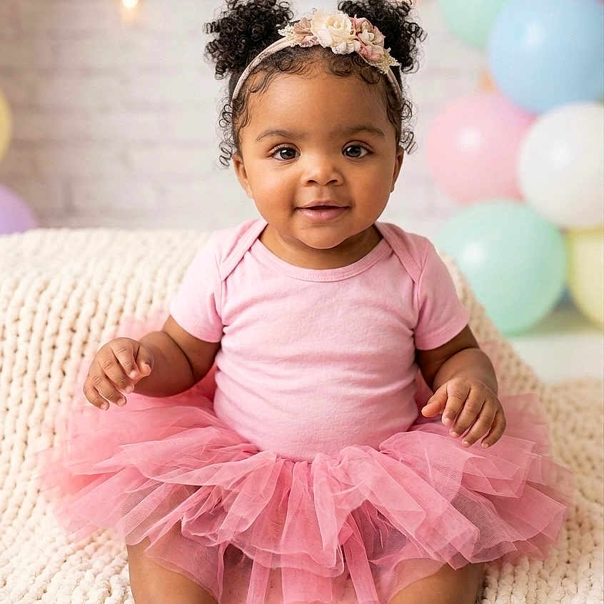 Promise joined the competition — help win amazing prizes! baby, toddler, pink_tutu, headband, curly_hair, smiling, sitting, blanket, knit_blanket, pastel_balloons, shoes, indoor, portrait, cute, child, happy, flower_headband, soft_lighting, decor, celebration