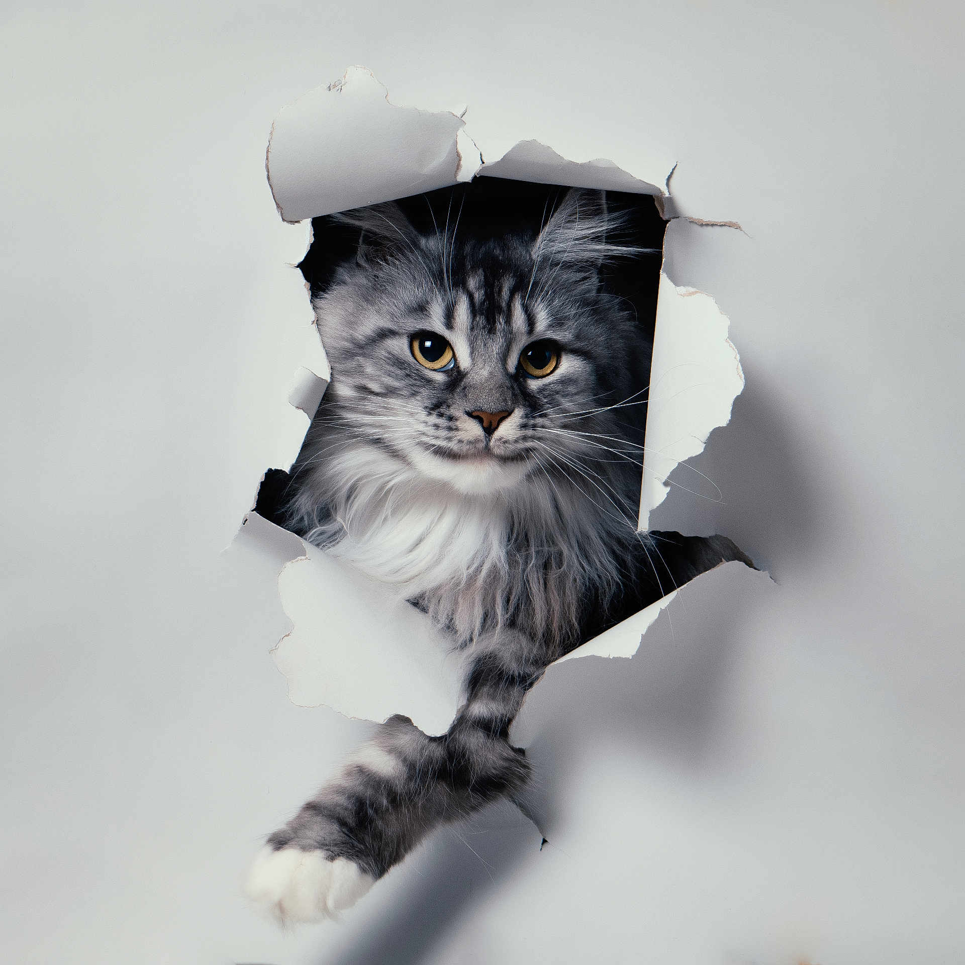 Sissi a rejoint le concours — aidez-le/la à gagner de superbes lots ! cat, fluffy_cat, gray_cat, white_cat, paw, hole, torn_paper, curious, animal, pet, closeup, portrait, indoor, cute, feline, whiskers, eye_contact, soft_fur, playful, isolated
