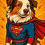 animal_character, animated, blue_suit, cape, cartoon, comic_book, comic_style, costume, dog, fur, heroic_pose, illustration, lightning_bolts, muscular, orange_background, red_cape, smiling, superhero, superman_logo, vibrant_colors
