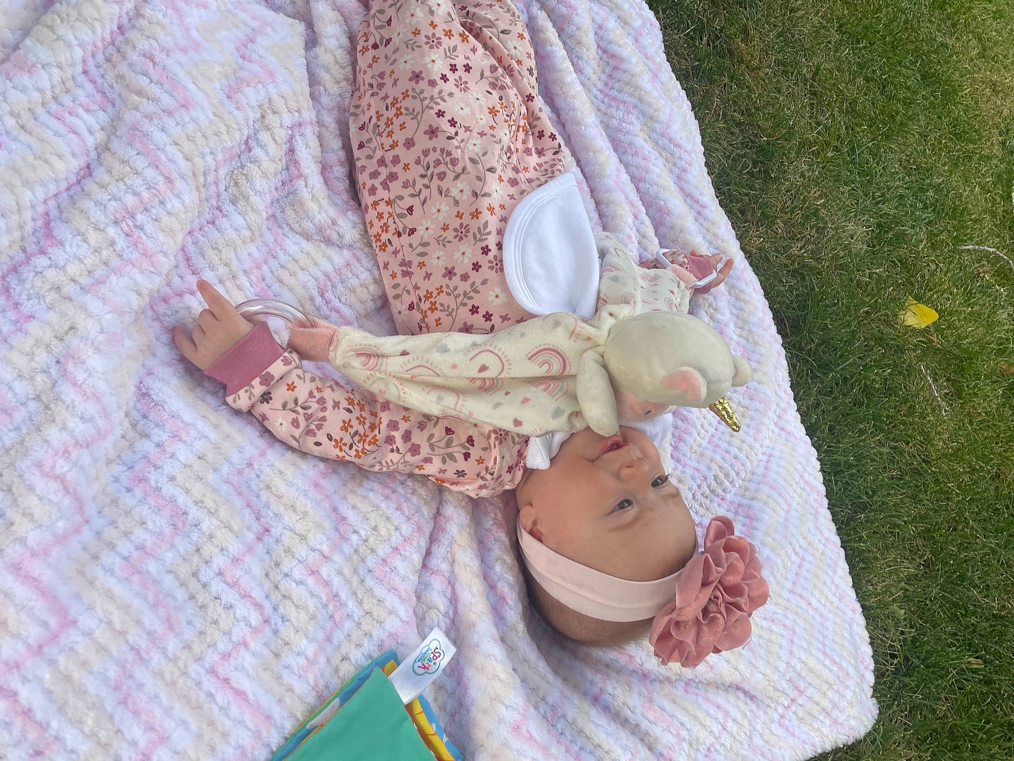 Anika is registered to the contest to win money with this photo: abdomen, baby, baby_products, baby_toddler_clothing, child, comfort, embellishment, fashion_accessory, foot, grass, headwear, linens, nail, pattern, peach, person, pink, sitting, sleeve, textile