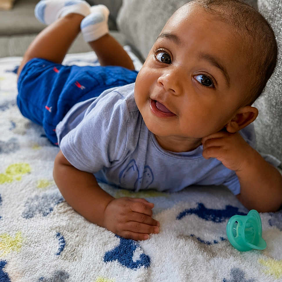 Hendrix joined the competition — help win amazing prizes! baby, child, infant, couch, blanket, pacifier, smiling, blue_shorts, light_blue_shirt, indoors, portrait, cute, happy, lying_down, hand_on_chin, furniture, soft_texture, curious_expression, young_child, cozy