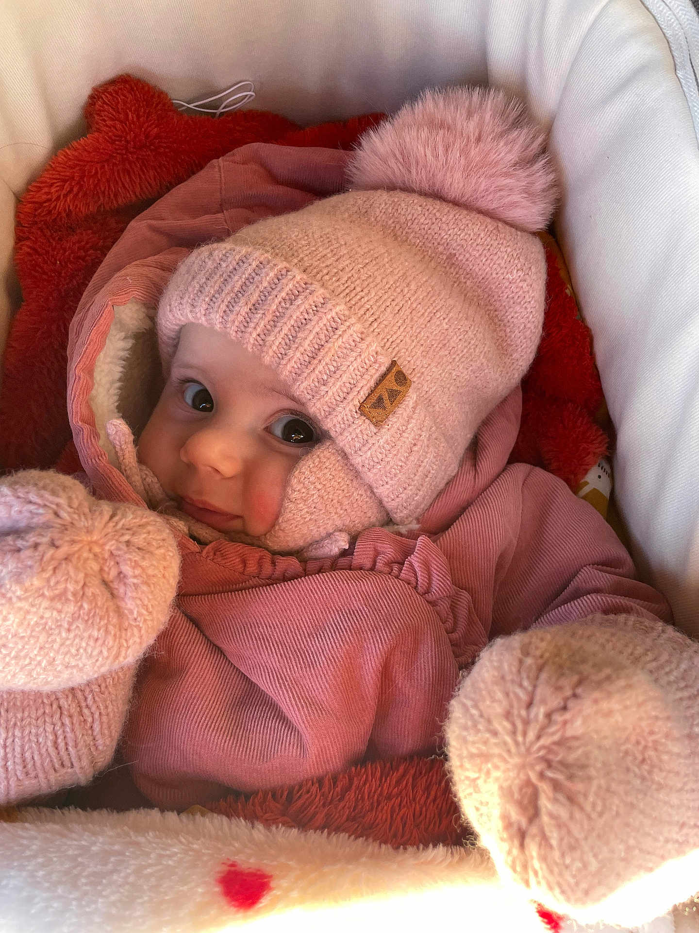 Léonie a rejoint le concours — aidez-le/la à gagner de superbes lots ! baby, child, pink_hat, mittens, jacket, blanket, cozy, warm_clothing, pom_pom, cute, face, portrait, indoor, soft_texture, newborn, infant, baby_clothes, snug, comfort, bundle