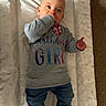 Lillie is registered to the contest to win money with this photo: baby, badge, birthday, birthday_girl, carpet, casual_clothing, celebration, changing_pad, child, curious_eyes, cute, hand_in_mouth, indoor, infant, jeans, lying_down, one_year_old, person, sweater, white_shoes