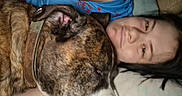 Koda joined the competition — help win amazing prizes! dog, person, bed, pillow, blanket, snuggling, closeup, indoor, sleepy, resting, brindle, collar, casual_clothing, human_face, pet, companion, comfort, relaxation, portrait, cuddle