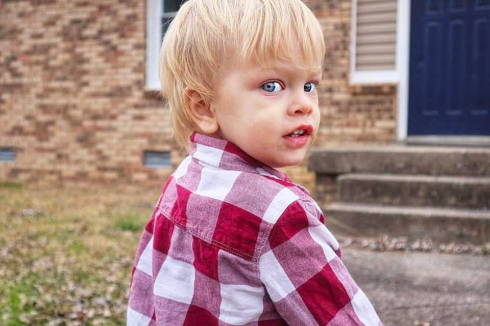 Dean joined the competition — help win amazing prizes! blond, child, child_model, design, face, grass, hair, hairstyle, outerwear, pattern, person, plaid, play, sleeve, smile, tartan, toddler