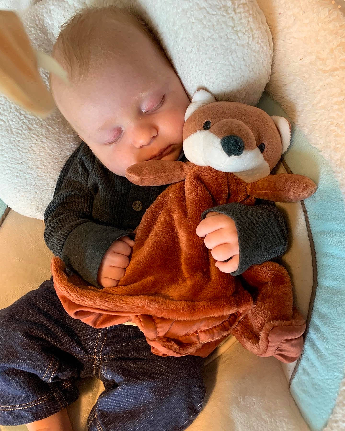 Beau is registered to the contest to win money with this photo: baby, baby_products, baby_sleeping, baby_toddler_clothing, cheek, child, comfort, doll, finger, lap, linens, person, sitting, skin, sleeve, stuffed_toy, textile, toddler, toy, wood