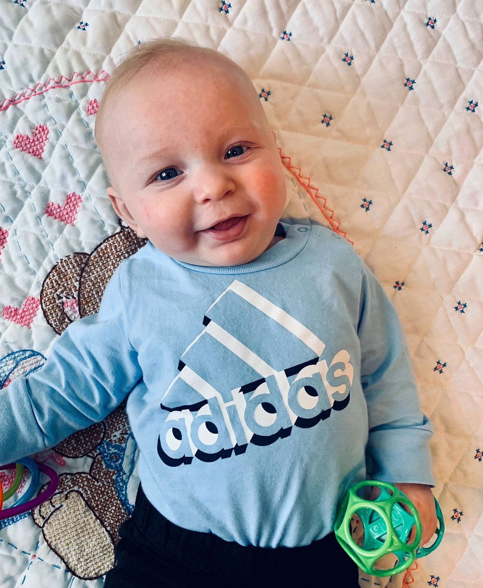 Beau joined the competition — help win amazing prizes! baby, baby_toddler_clothing, cheek, child, comfort, cool, electric_blue, face, facial_expression, hairstyle, happy, iris, linens, outerwear, pattern, person, sleeve, smile, t_shirt, textile