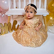 Layla joined the competition — help win amazing prizes! baby, balloons, bench, big_eyes, celebration, child, cute, decoration, floor, gold, headband, lace_dress, one_sign, party, pink, portrait, sitting, studio, toddler, transparent_balloon
