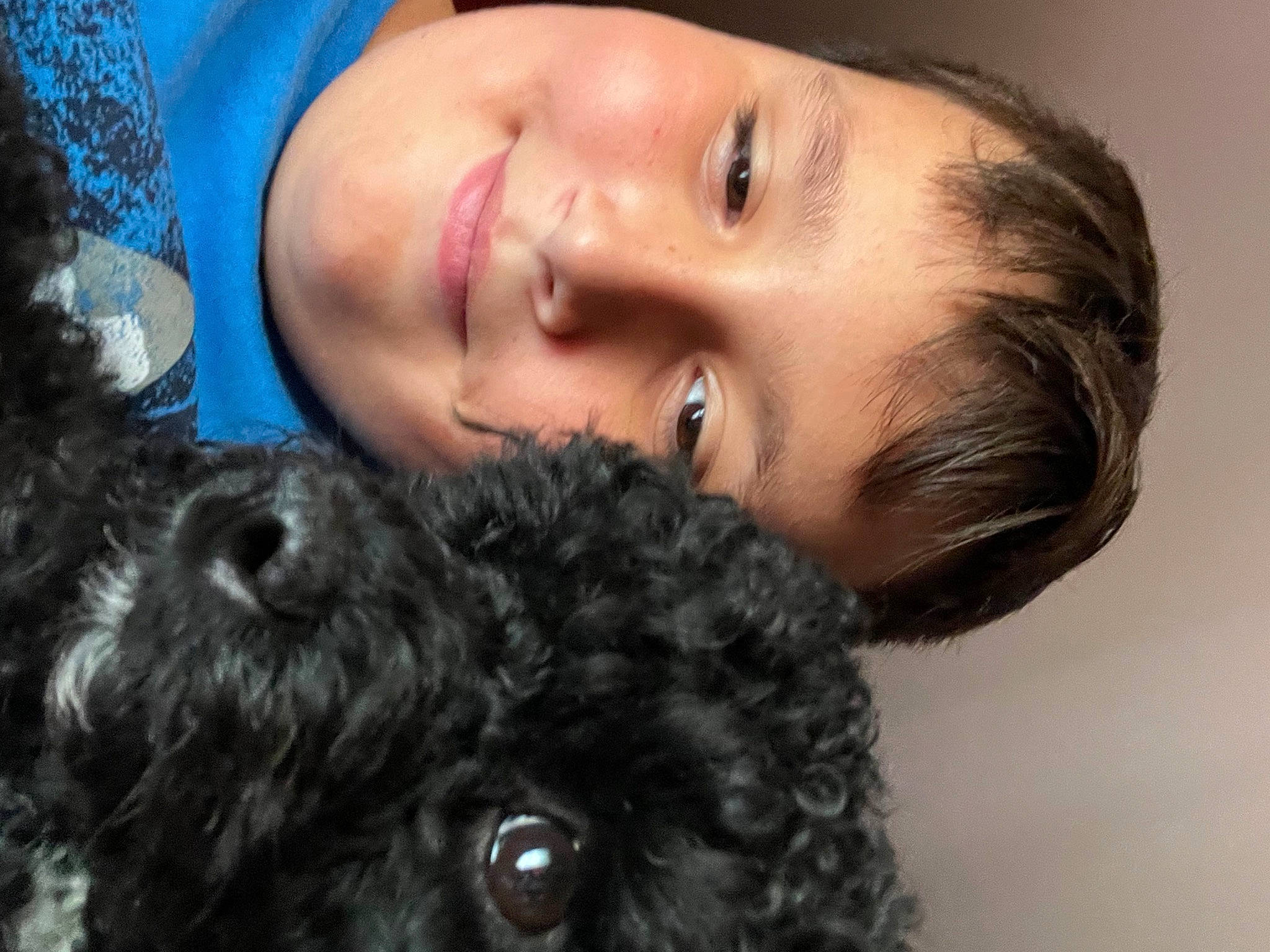 Bella is registered to the contest to win money with this photo: baby, beard, black_hair, carnivore, companion_dog, dog, dog_breed, ear, eyelash, fur, happy, lip, nose, organ, poodle, skin, smile, sporting_group, toddler, toy_dog