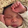 baby, newborn, sleeping, blanket, hand, face, cozy, infant, soft, cute, child, peaceful, rest, closeup, portrait, warm, wrapped, clothing, skin, fingers