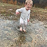 toddler, child, mud, puddle, barefoot, outdoor, wet_hair, onesie, splashing, nature, grass, muddy, playing, happy, young_child, water, fall, exploring, person, ground