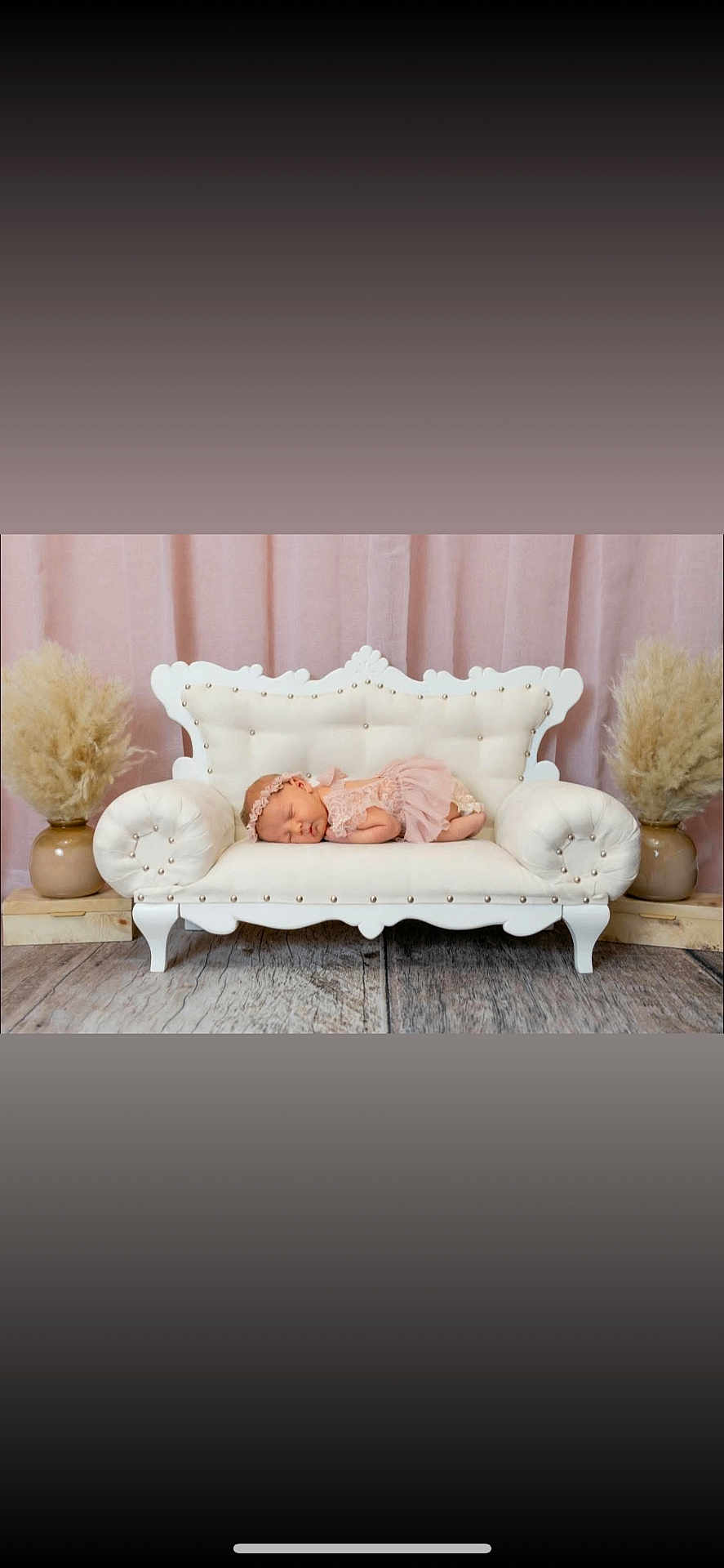 Haizley joined the competition — help win amazing prizes! baby, newborn, sleeping, sofa, white_sofa, pink_dress, headband, pink_backdrop, curtain, pampas_grass, vase, wooden_floor, interior, decor, infant, cute, peaceful, portrait, small_furniture, soft_lighting