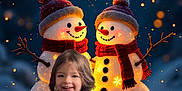 Leysa a rejoint le concours — aidez-le/la à gagner de superbes lots ! child, smiling, snowman, winter_clothing, red_scarf, red_hat, snow, glowing, night, lights, chair, cozy, festive, outdoor, happy, cute, cold, holiday, playful, snowy