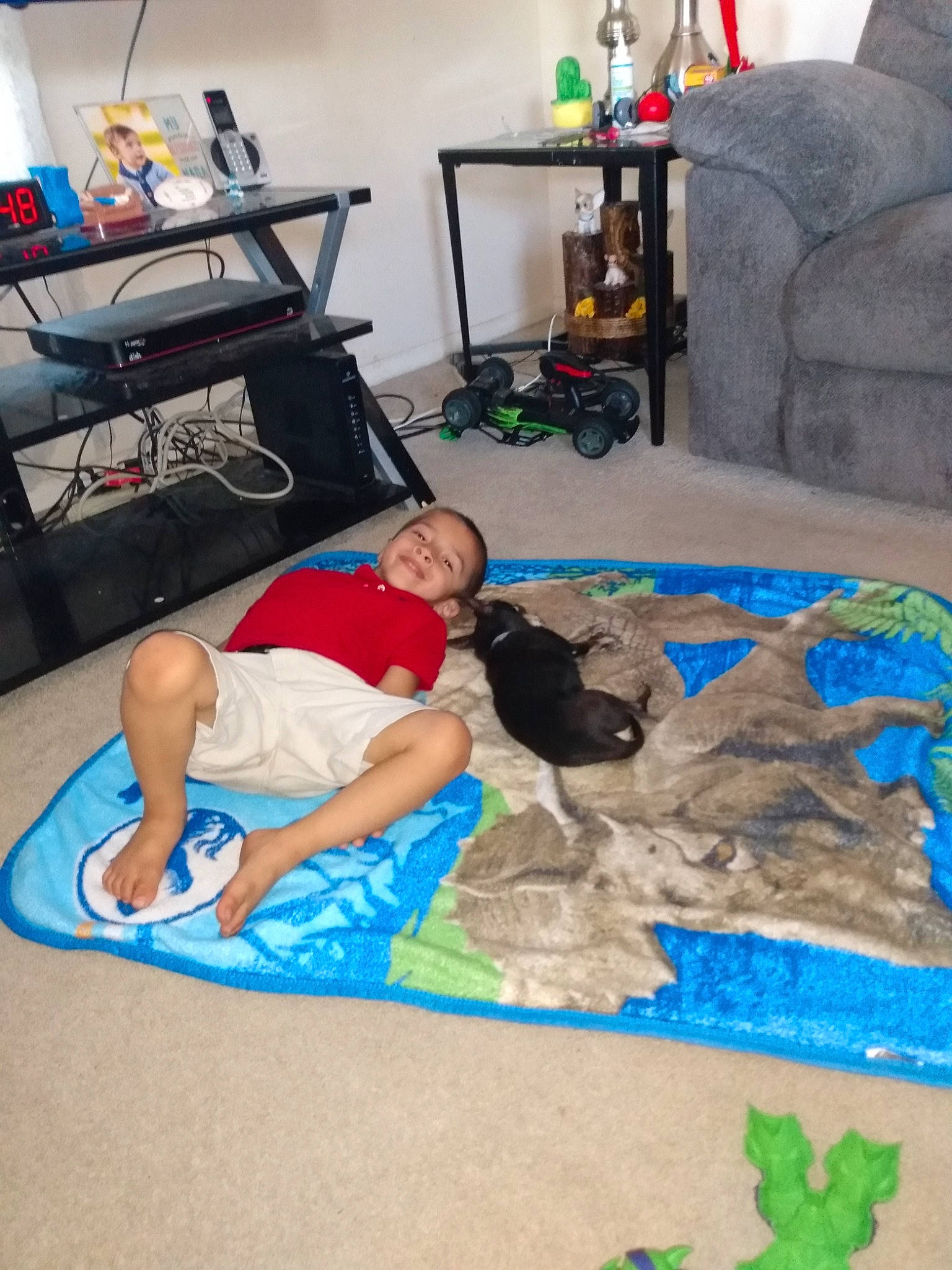 Connor joined the competition — help win amazing prizes! backpack, bookcase, comfort, couch, flooring, fun, grass, joy, knee, lamp, leisure, living_room, luggage_and_bags, person, picture_frame, room, shorts, sitting, smile, t_shirt