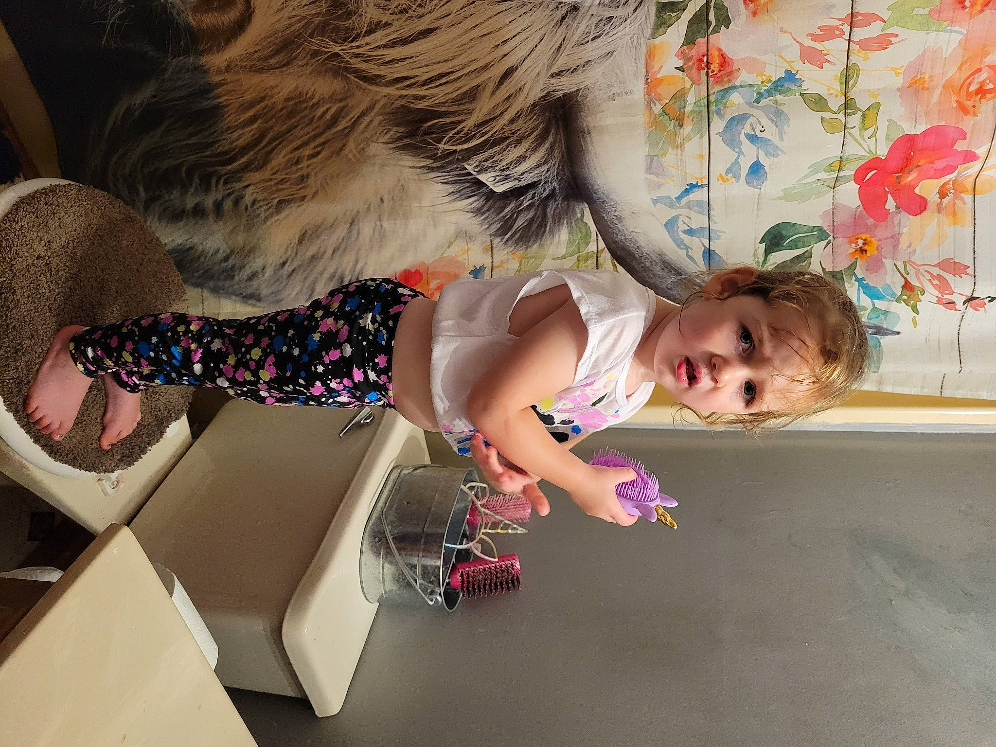 Kora joined the competition — help win amazing prizes! child, dress, eyewear, fashion_design, flooring, fun, fur, happy, human_leg, magenta, pattern, person, pink, play, room, sitting, smile, sunglasses, toddler, tree