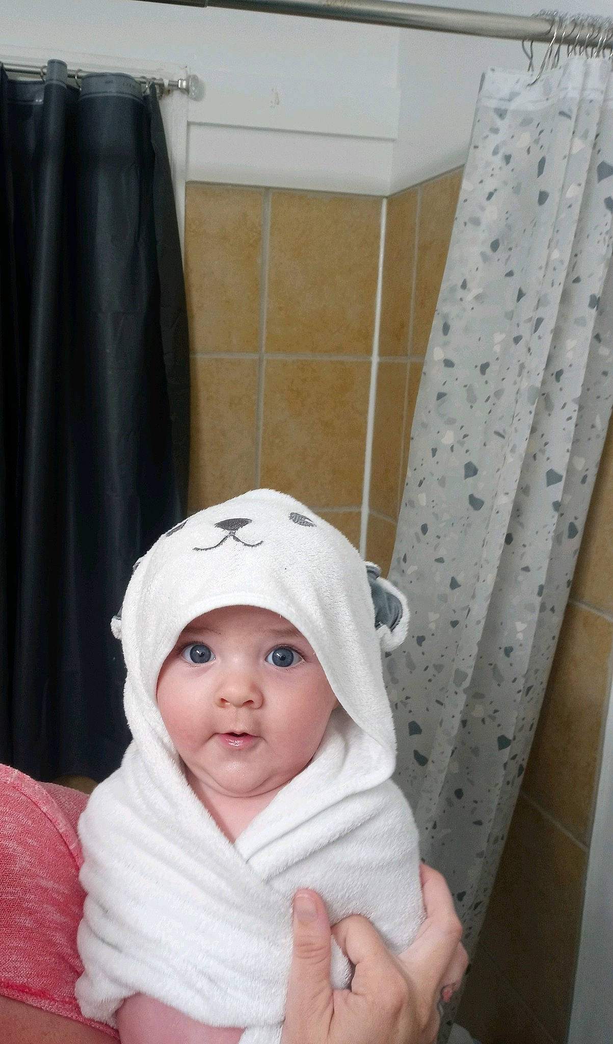 Marlie joined the competition — help win amazing prizes! baby, baby_products, baby_safety, baby_toddler_clothing, bathroom, beanie, cap, child, comfort, curtain, flooring, headgear, headwear, linens, pattern, person, plumbing_fixture, room, sleeve, textile