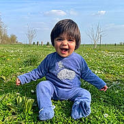Lyam participe au concours pour gagner de l'argent avec cette photo : toddler, child, smiling, grass, field, flowers, blue_sky, clouds, outdoor, nature, greenery, happy, cute, baby_clothes, sitting, sunny, daylight, young_child, portrait, casual