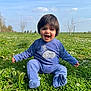 toddler, child, smiling, grass, field, flowers, blue_sky, clouds, outdoor, nature, greenery, happy, cute, baby_clothes, sitting, sunny, daylight, young_child, portrait, casual
