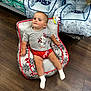 baby, child, indoor, floor, wood_floor, chair, spiderman, clothing, socks, toy_aisle, store, training_pants, bluey, smirk, casual_pose, red_shorts, grey_tshirt, product_display, baby_chair, shopping