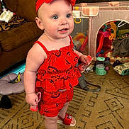 Everleigh is registered to the contest to win money with this photo: toddler, child, red_clothing, headband, indoor, carpet, toy, playpen, living_room, smiling, person, footwear, sock, baby, cute, standing, expression, home, furniture, play