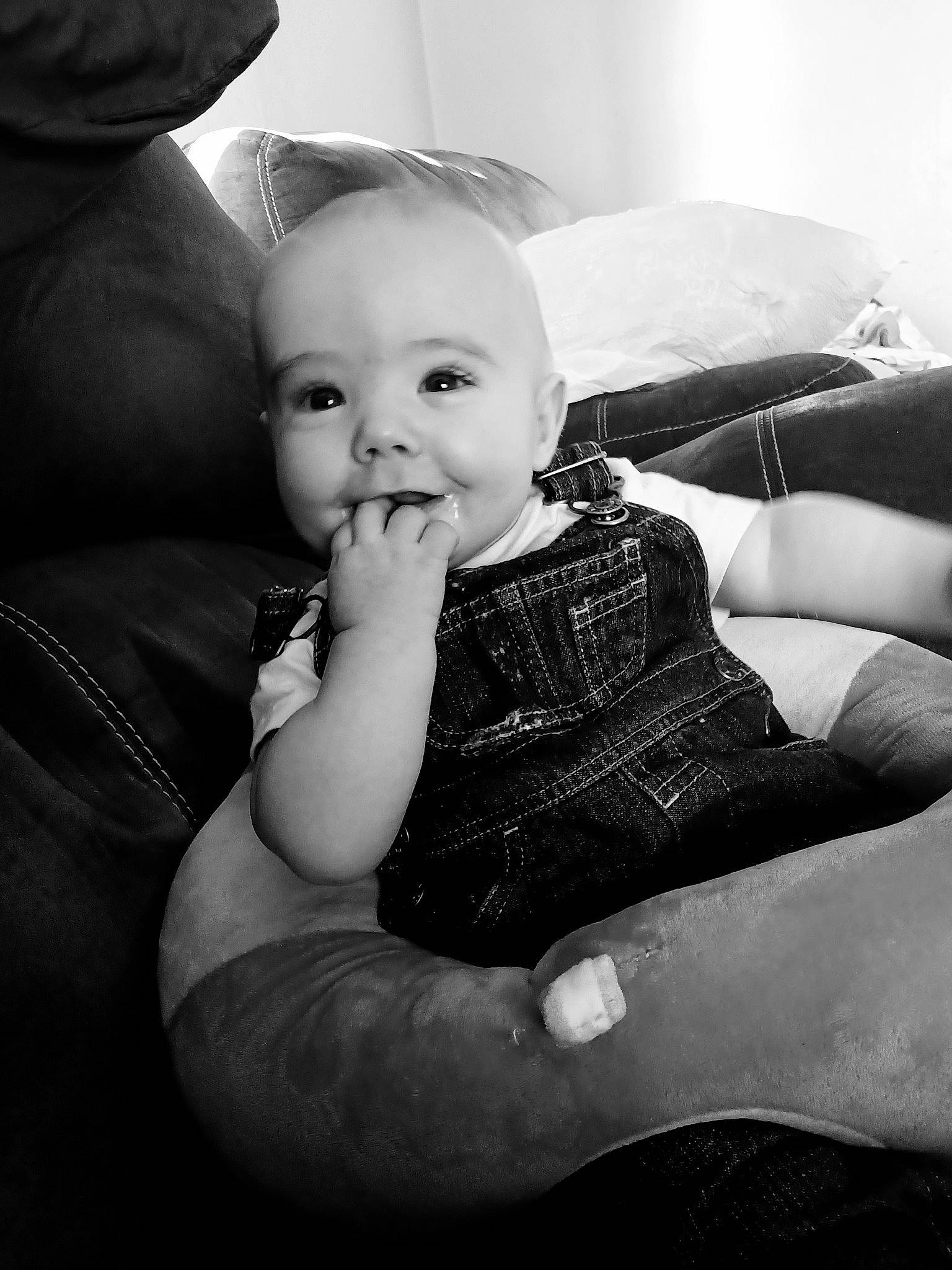 Logan joined the competition — help win amazing prizes! arm, baby, baby_toddler_clothing, black, black_and_white, comfort, flash_photography, gesture, hairstyle, happy, human_body, iris, leg, lip, mouth, person, skin, smile, standing, style