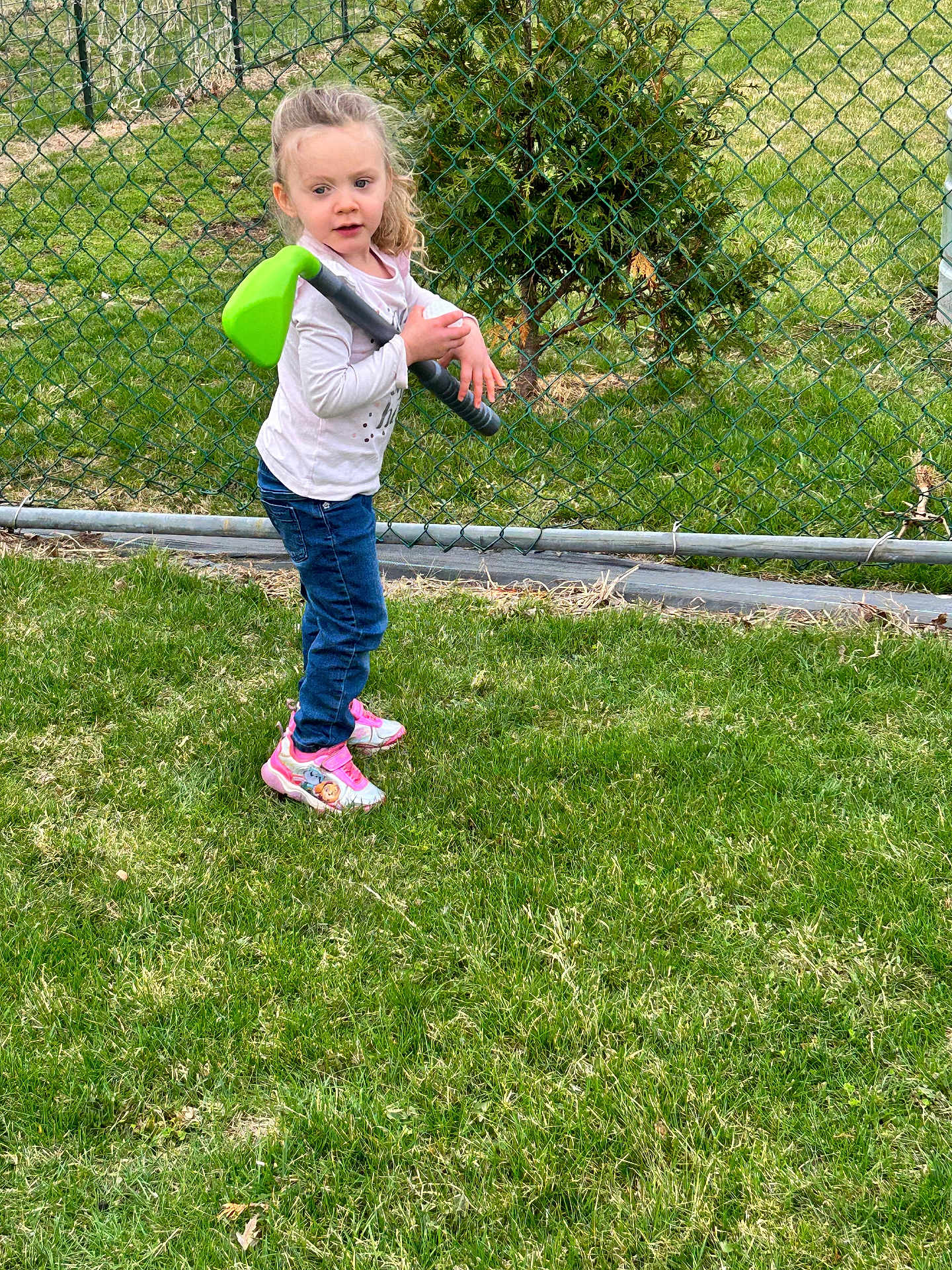 Gennevieve is registered to the contest to win money with this photo: child, girl, young_child, playing, toy_golf_club, sneakers, pink_shoes, jeans, long_sleeve_shirt, chainlink_fence, grass, lawn, outdoor, tree, backyard, portrait, casual_clothing, daylight, hair_tied, curious