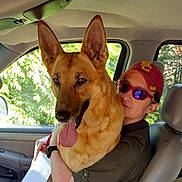 Maren joined the competition — help win amazing prizes! affection, animal, cap, car_interior, casual_clothing, companion, daylight, dog, german_shepherd, greenery, happy, hugging, human, person, pet, seat, sunglasses, tongue_out, transportation, window
