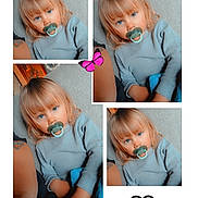 Everlee joined the competition — help win amazing prizes! baby, blonde_hair, blue_eyes, butterfly, casual_clothing, child, childhood, collage, cute, expression, heart, indoor, innocence, pacifier, person, portrait, sitting, sweater, toddler, young_child