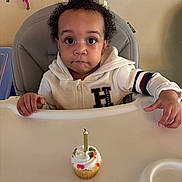 Mayson joined the competition — help win amazing prizes! toddler, cupcake, birthday_candle, high_chair, celebration, child, curly_hair, white_jacket, table, party_decorations, colorful_streamers, indoor, face, hands, expression, food, festive, young_child, cute, person