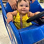 Gabriella is registered to the contest to win money with this photo: baby, child, shopping_cart, yellow_clothing, supermarket, hand, adult, floor, aisle, grocery_store, blue_cart, curly_hair, cute, sitting, shopping, retail, infant, holding, person, happy