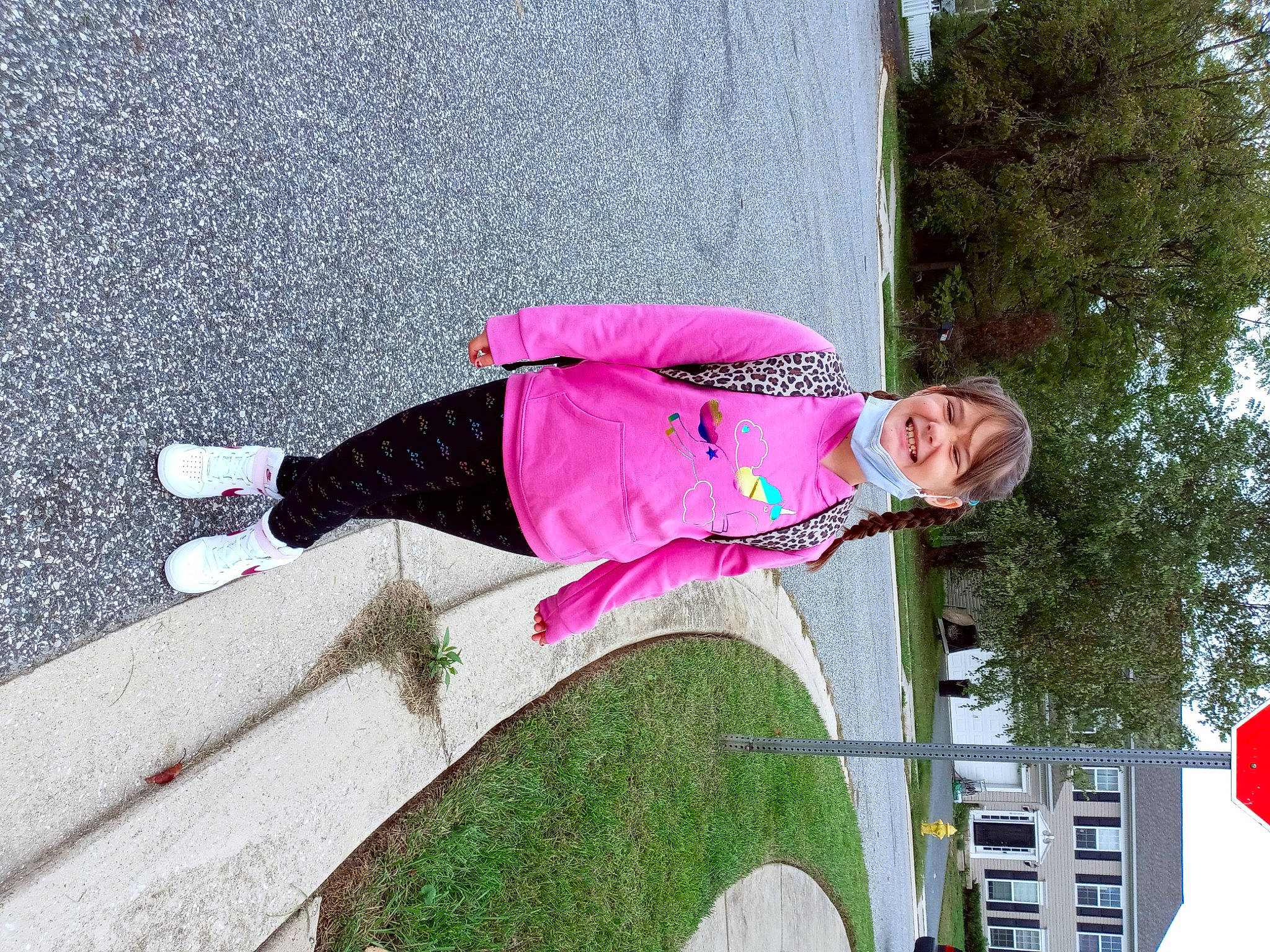 Saphira is registered to the contest to win money with this photo: art, fun, grass, human_leg, joy, leisure, magenta, pedestrian, person, pink, plant, recreation, red, road_surface, sidewalk, smile, street_fashion, thigh, tree, walking_shoe