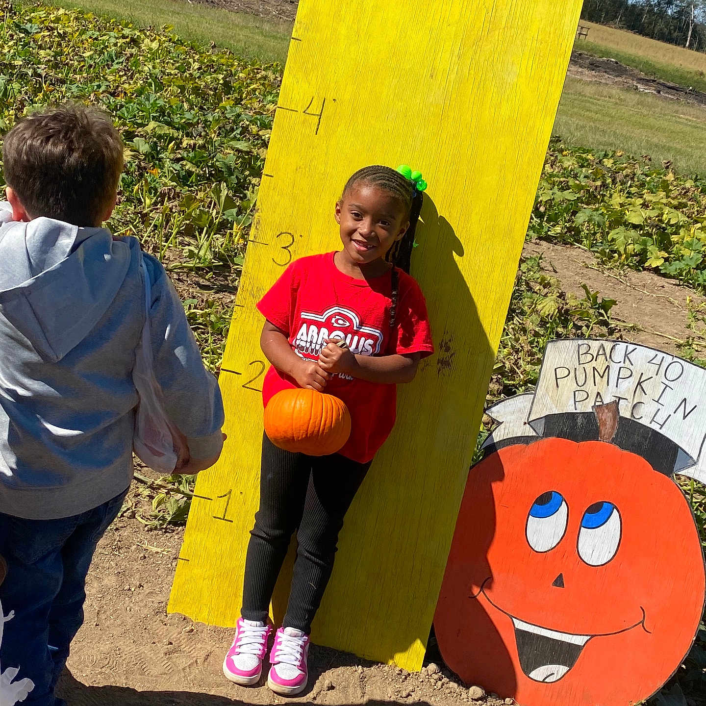 Araelynn Burkett is registered to the contest to win money with this photo: autumn, casual_clothing, child, daytime, field, fun, girl, greenery, harvest, height_chart, nature, outdoor, people, playful, pumpkin, pumpkin_patch, smile, sneakers, sunlight, yard