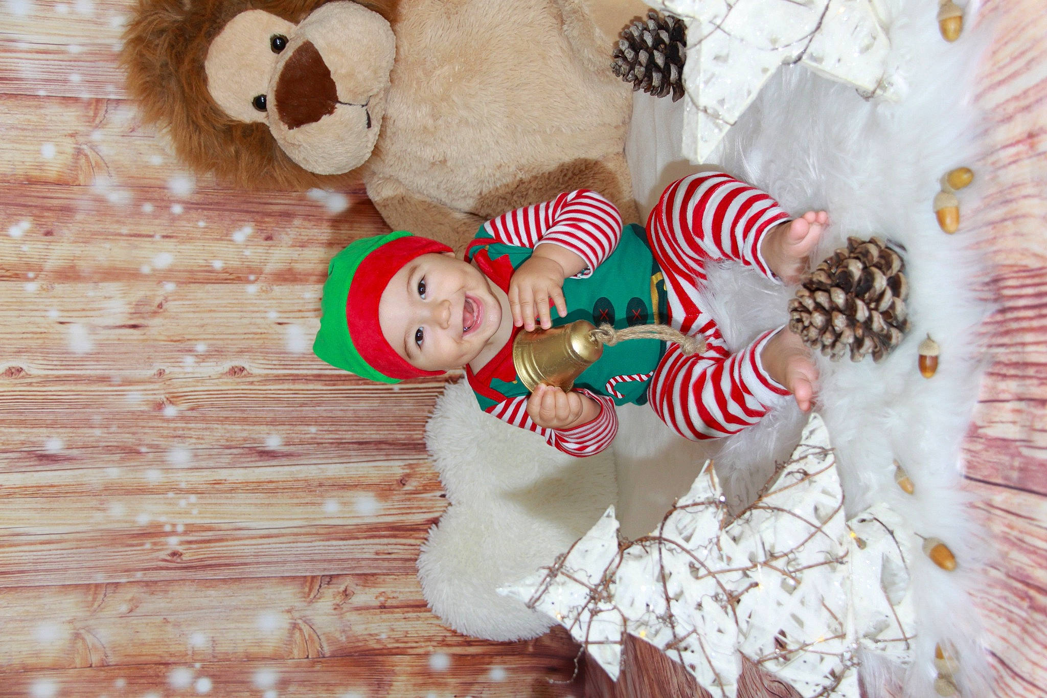 Nolan participe au concours pour gagner de l'argent avec cette photo : baby_toddler_clothing, christmas, christmas_ornament, event, fawn, fictional_character, fur, happy, head, headwear, holiday, joy, mammal, person, red, smile, stuffed_toy, textile, toy, tree