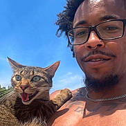 Rimuru joined the competition — help win amazing prizes! beard, blue_sky, cat, chain_necklace, closeup, expression, glasses, hair, happy, holding, man, nose_ring, outdoor, pet, portrait, skin, smile, sunlight, tabby_cat, tattoo