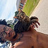 Rimuru is registered to the contest to win money with this photo: animal, cat, curious, daylight, glasses, green_lawn, house, man, nose_ring, outdoor, pet, portrait, residential_area, shirtless, shoulder, sidewalk, street, sunny, tabby_cat, tattoo