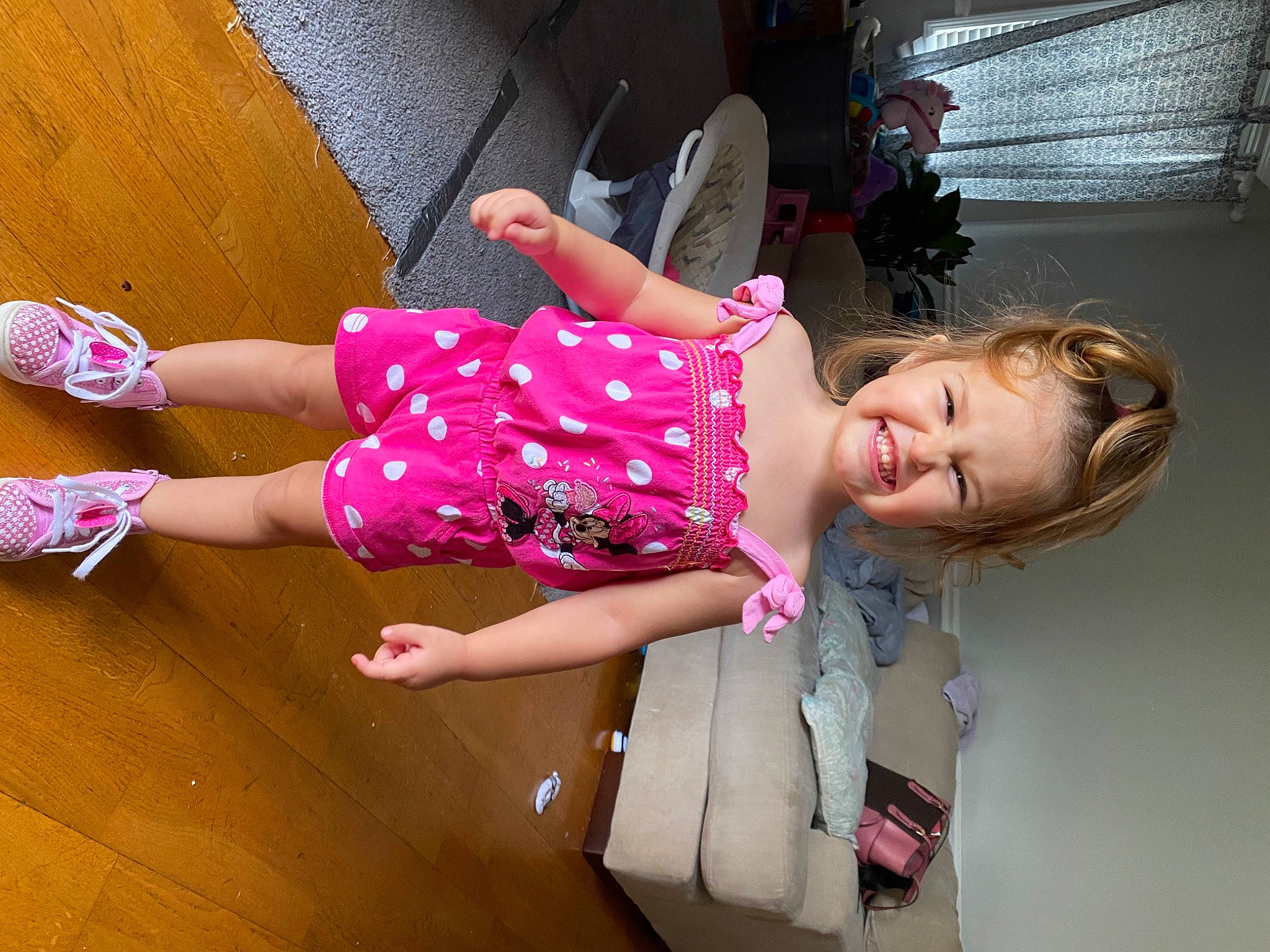 Emma joined the competition — help win amazing prizes! calf, child, flooring, foot, fun, happy, human_leg, joy, knee, leisure, magenta, nail, pattern, person, pink, sandal, skin, smile, thigh, toddler