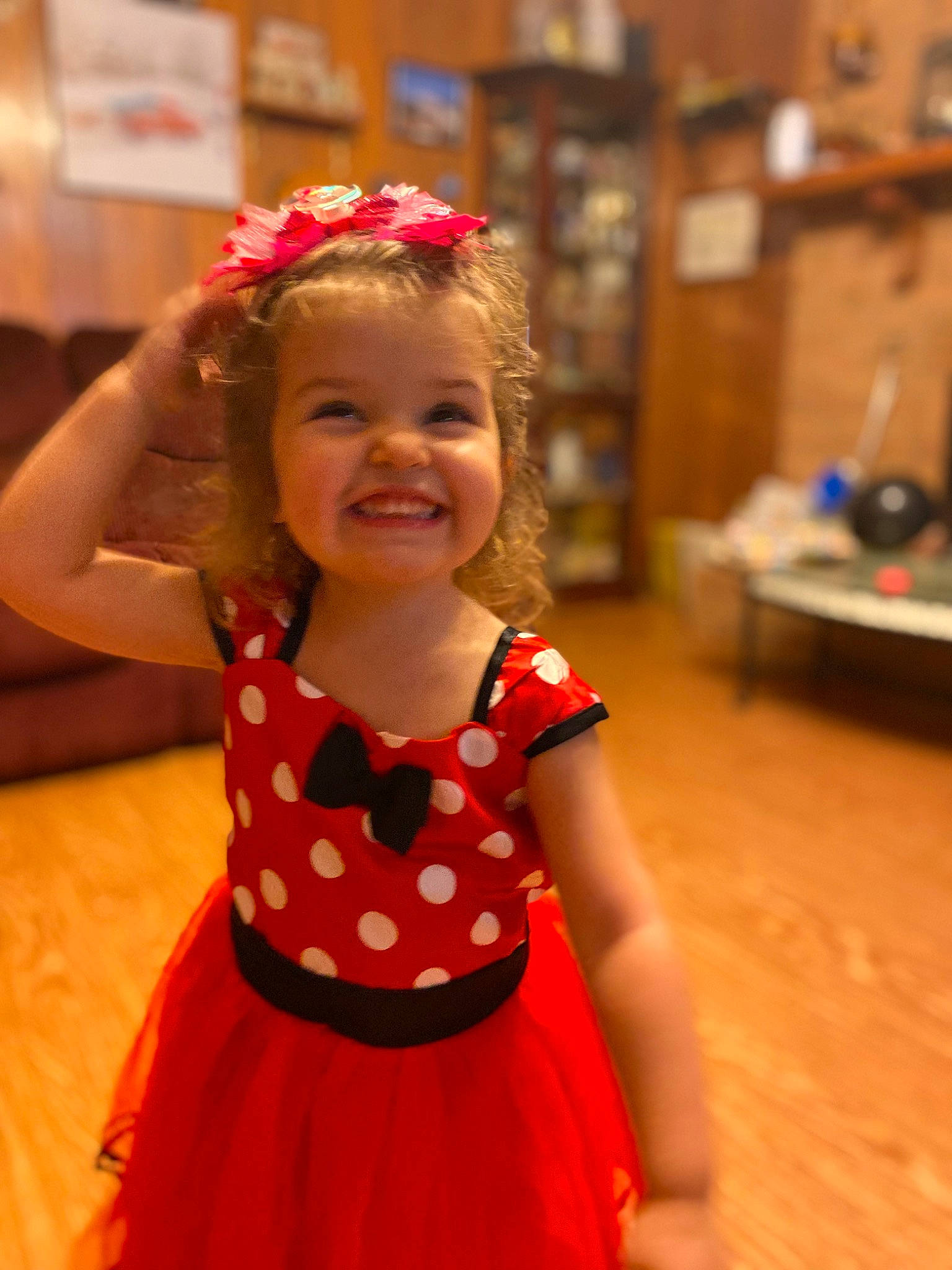 Emma is registered to the contest to win money with this photo: baby_toddler_clothing, blond, child, day_dress, dress, entertainment, event, facial_expression, flooring, fun, happy, iris, joy, one_piece_garment, performing_arts, person, pink, skin, sleeve, smile