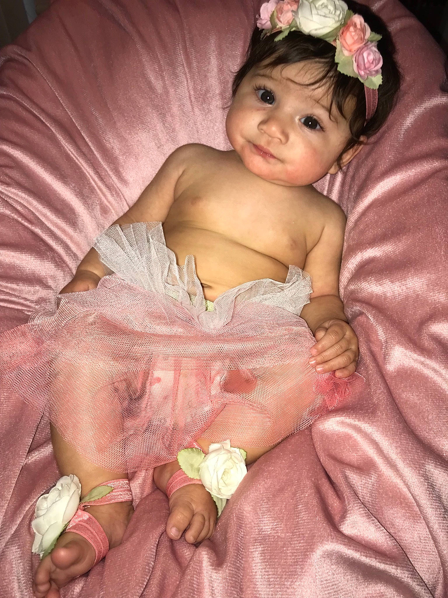 Analia joined the competition — help win amazing prizes! baby, child, dress, eye, hair_accessory, headpiece, long_hair, peach, person, pink, skin, smile, toddler