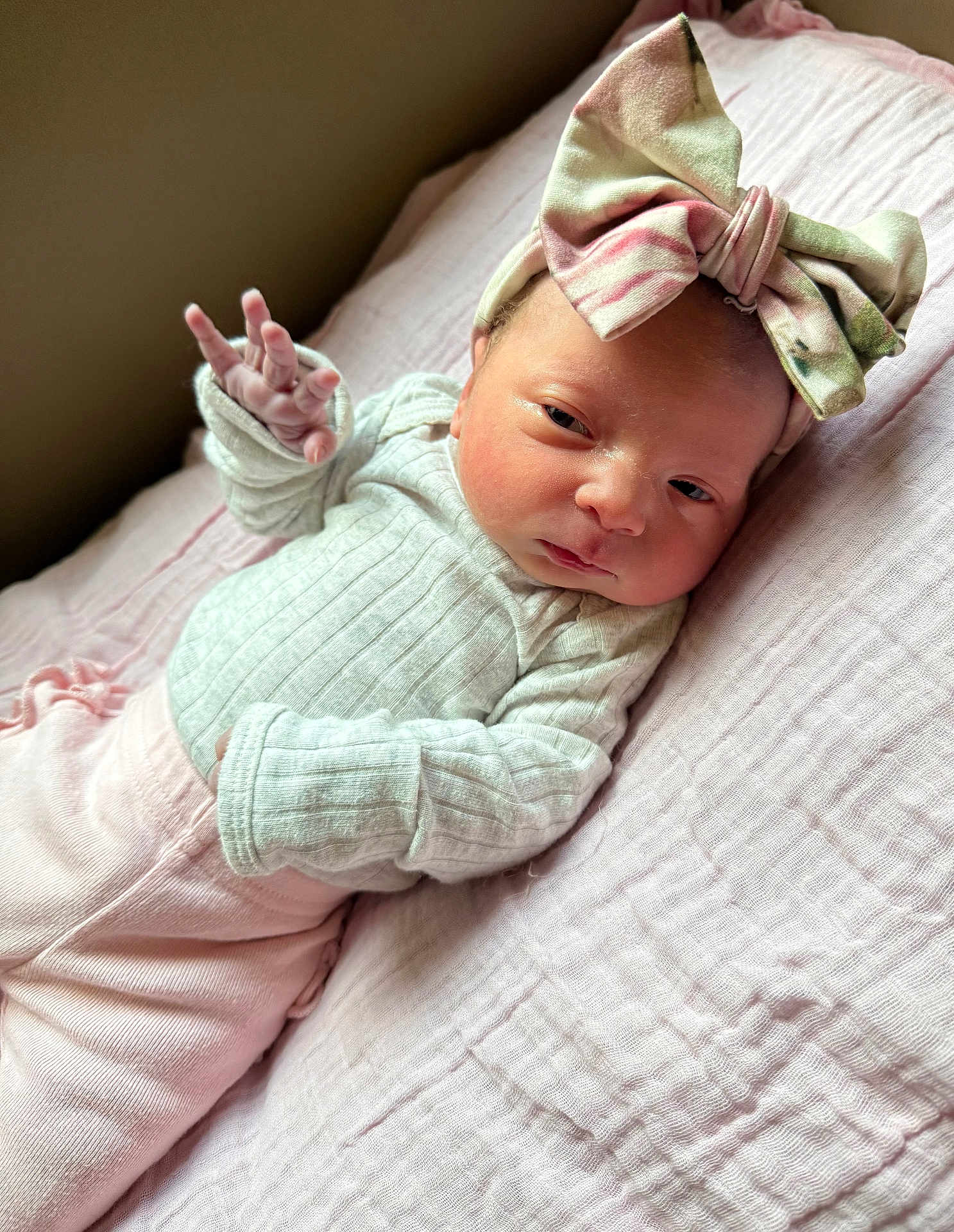 Bailee Rockholt joined the competition — help win amazing prizes! newborn, baby, infant, bow, headband, pink, blanket, clothing, cute, portrait, sleepwear, hand, lying_down, soft_texture, indoors, child, person, face, expression, cozy