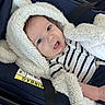 arm, baby, blanket, blue, buckle, car_seat, child, close_up, cozy, drooling, eyes, face, hooded_blanket, infant, navy, open_mouth, plush_texture, portrait, safety_label, striped_onesie