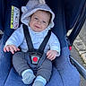 baby, blue_fabric, breatheable_fabric, buckle, car_seat, cheeks, cute, hands, harness, hooded_jacket, infant, legs, outdoor, portrait, safety_label, seat, seat_belt, smile, socks, stroller