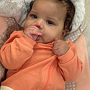 Cataleya is registered to the contest to win money with this photo: baby, baby_clothes, child, close_up, comfort, curly_hair, cushion, cute, face, hand, indoor, infant, orange_clothing, portrait, relaxed, resting, seat_belt, soft_fabric, thumb_sucking, young_child