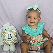 Everly joined the competition — help win amazing prizes! baby, child, toddler, smiling, headband, bow, polka_dot, dress, stuffed_animal, bunny, milestone_sign, fabric_backdrop, carpet, sitting, cute, indoor, portrait, happy, soft_toys, baby_girl