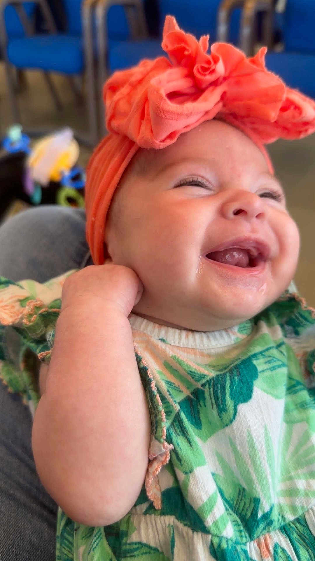 Maielynn joined the competition — help win amazing prizes! baby, child, smiling, headband, dress, green, coral, laughing, drool, face, happy, indoor, blurred_background, person, cute, infant, closeup, soft_light, portrait, joy