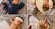 Evelynn joined the competition — help win amazing prizes! baby, bed, blanket, bow, collage, cute, dress, fashion, floral, four_panels, headband, indoors, infant, navy_outfit, newborn, peaceful, photography, portrait, sleeping, tulle
