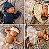 baby, bed, blanket, bow, collage, cute, dress, fashion, floral, four_panels, headband, indoors, infant, navy_outfit, newborn, peaceful, photography, portrait, sleeping, tulle