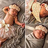 baby, bed, bedding, blanket, close_up, collage, cute, dress, flower_crown, golden_wings, infant, newborn, peaceful, portrait, sleeping, soft_lighting, studio_photography, swaddled, triptych, tulle_skirt