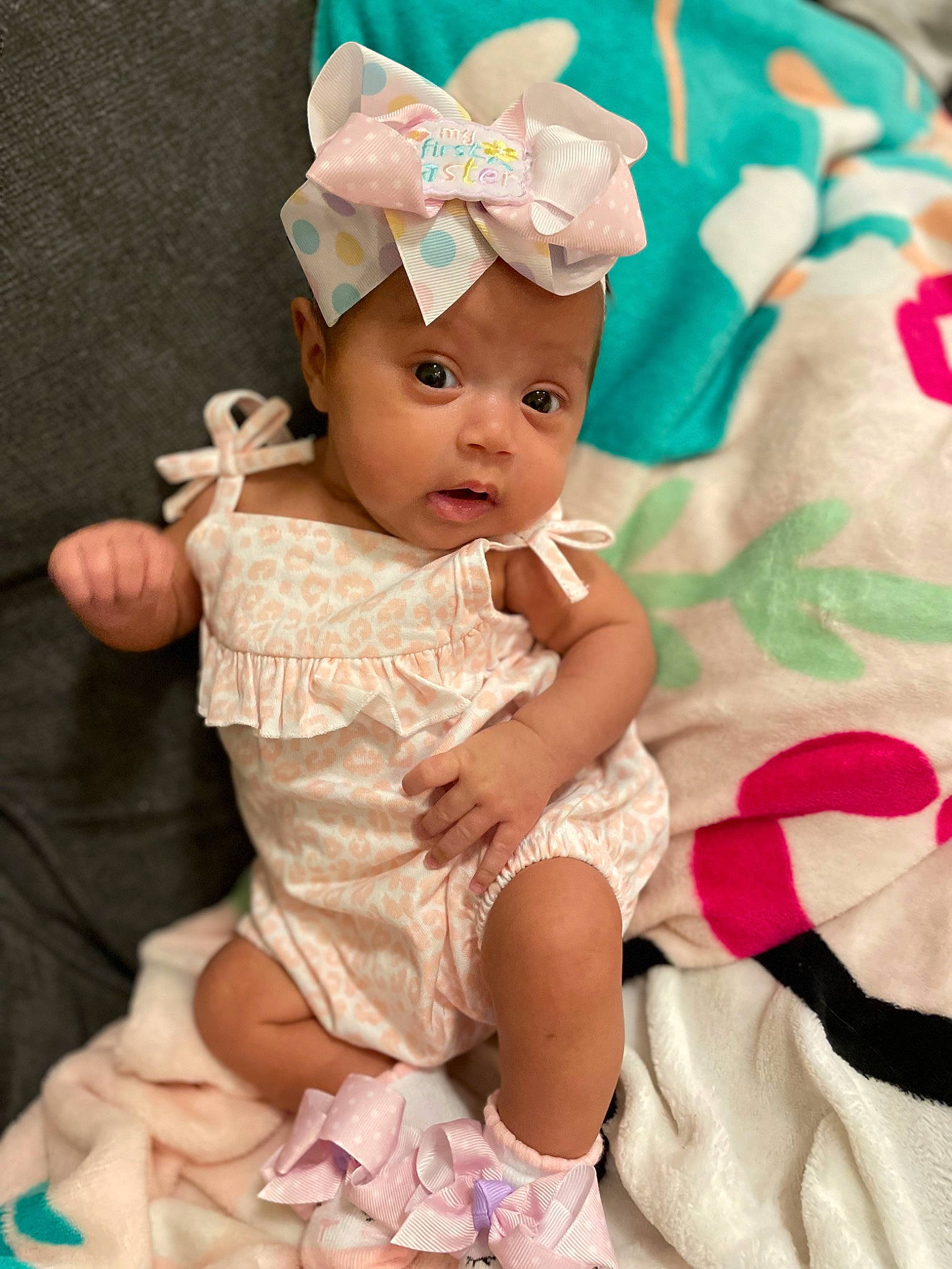 Alexandra joined the competition — help win amazing prizes! baby, baby_toddler_clothing, cheek, child, costume_hat, dress, embellishment, event, fashion_accessory, hair_accessory, happy, headband, headpiece, headwear, pattern, peach, person, pink, ruffle, skin