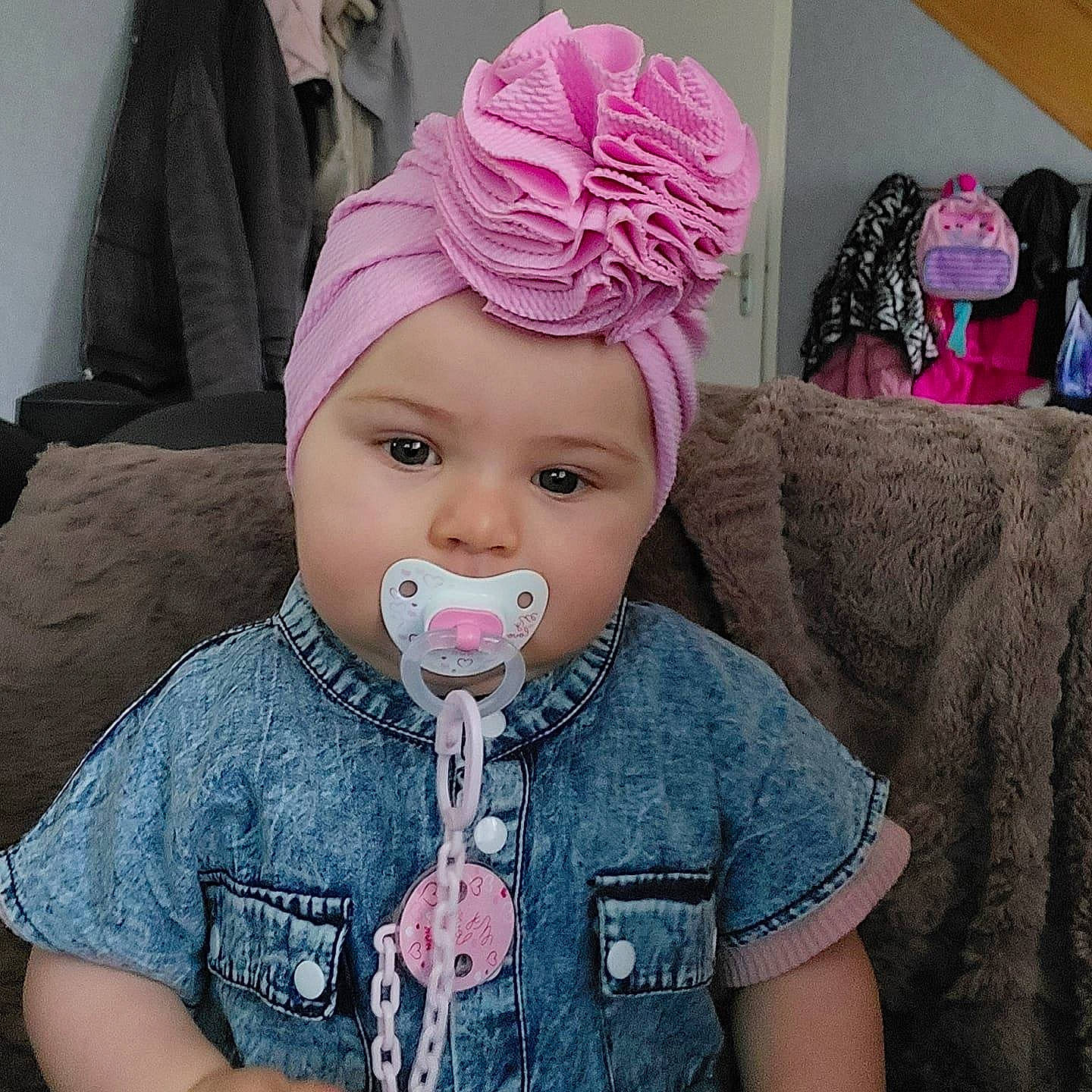Lily Rose participe au concours pour gagner de l'argent avec cette photo : baby, baby_toddler_clothing, cap, cheek, chin, cool, eye, eyelash, happy, headpiece, headwear, lip, mouth, nose, person, pink, purple, skin, sleeve, t_shirt