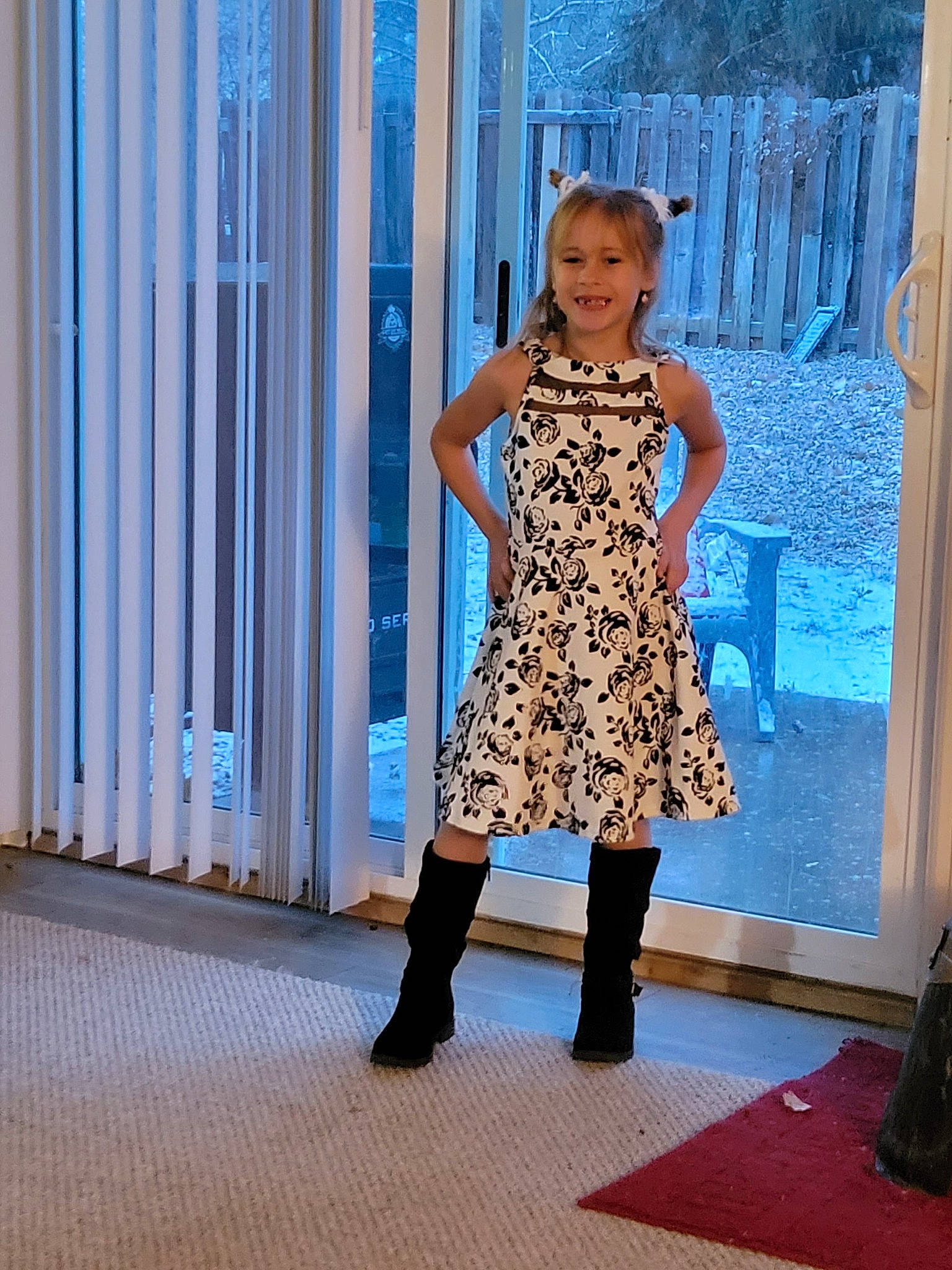 Bailee joined the competition — help win amazing prizes! azure, blue, clothing, curtain, day_dress, dress, fashion_design, flooring, joy, knee, leg, one_piece_garment, person, shoulder, sleeve, smile, standing, street_fashion, textile, thigh